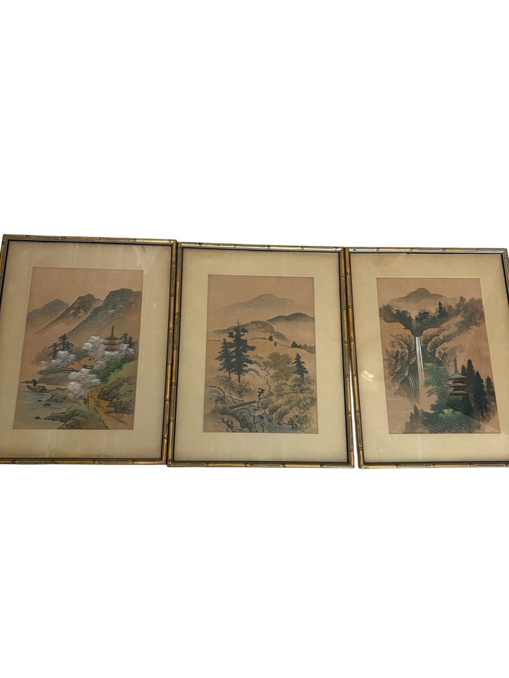Vintage Japanese Landscape Original Paintings Set of 3 Mountains Waterfall Asian